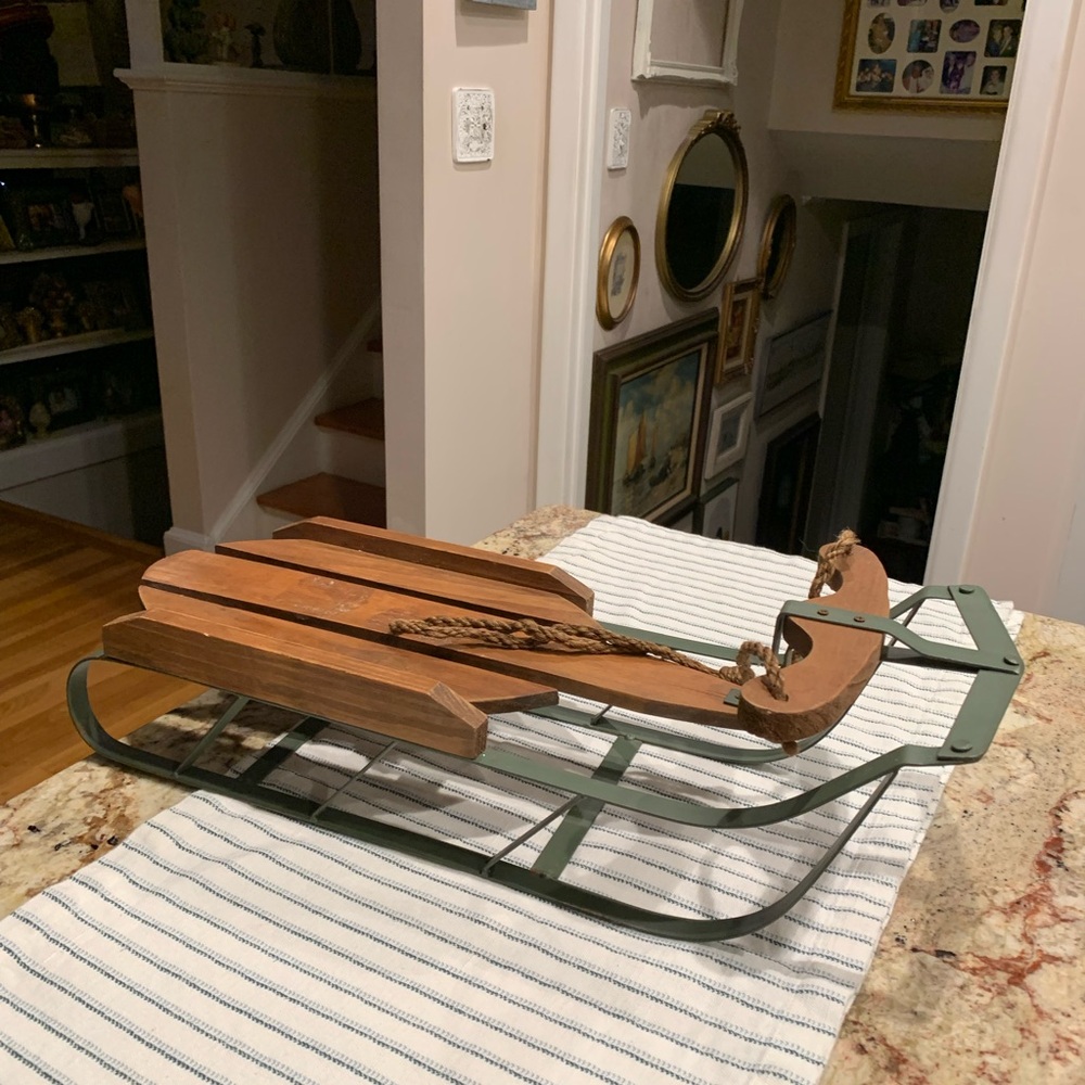 Vintage Decorative Wooden Sled with Green Metal Runners
